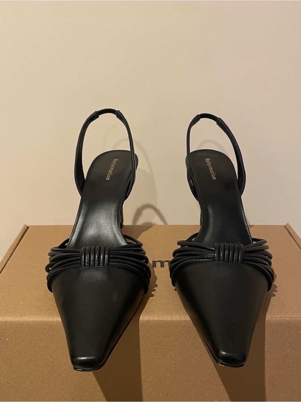 Reformation Black Pointed Slingback Heels with Knotted Straps